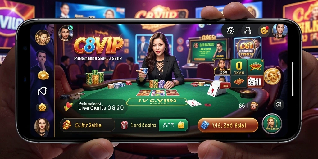Tampilan screenshot C8VIP menampilkan dealer live dan suasana kasino yang autentik.