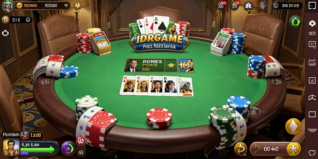 Tampilan gameplay IDRGAME dengan suasana permainan poker yang mendebarkan.