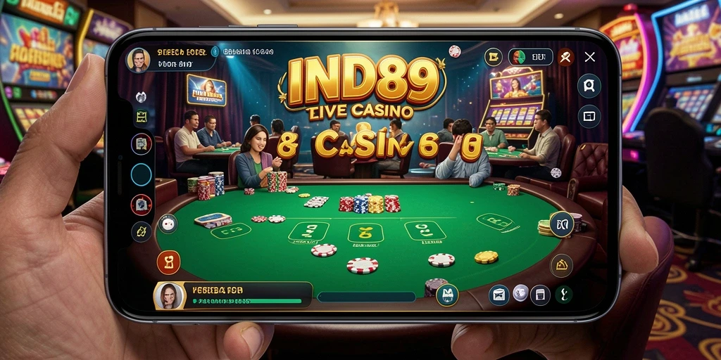 Screenshot gameplay IND89 yang menampilkan dealer dan pemain dalam suasana Live Casino.