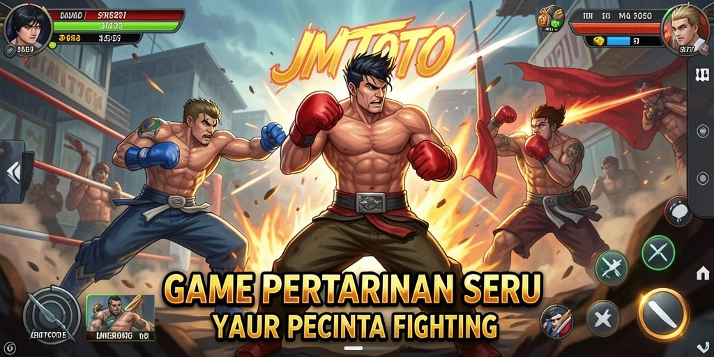 Screenshot gameplay JMTOTO menampilkan aksi pertarungan yang intens dan karakter beragam.