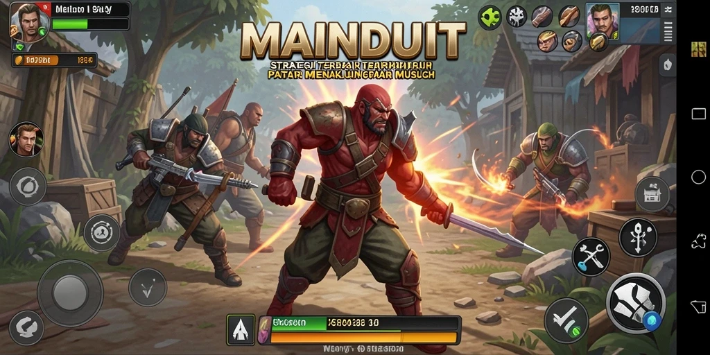Tampilan utama gameplay MAINDUIT menunjukkan pertempuran strategi yang intens.