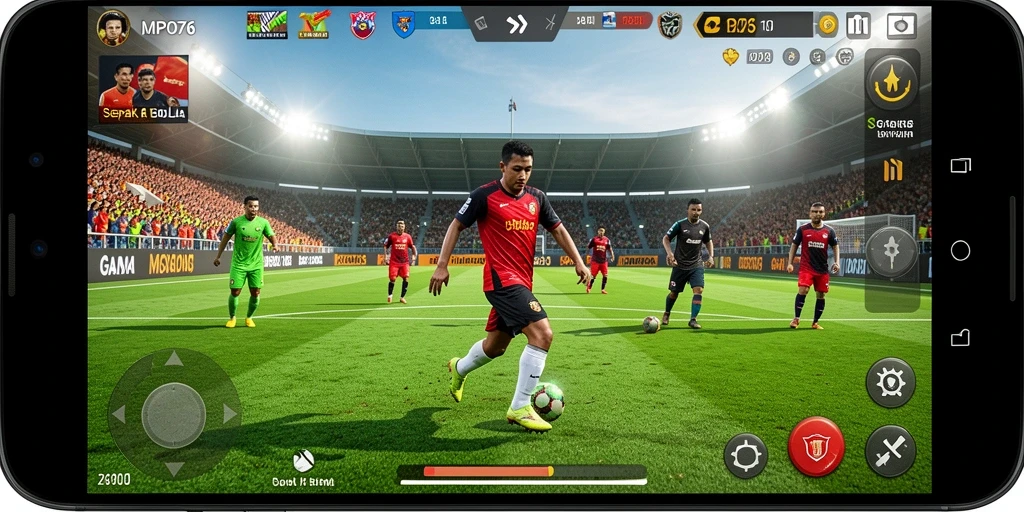 Tampilan gameplay MPO76 menunjukkan aksi seru di lapangan sepak bola.