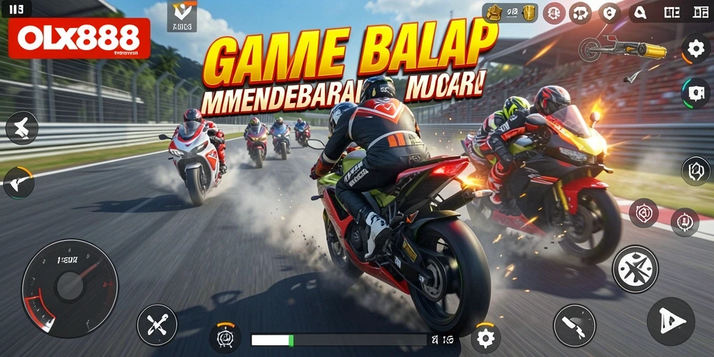 Screenshot gameplay <strong>OLX888</strong> yang menampilkan balapan menegangkan di trek yang menantang.
