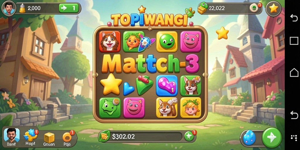 Gameplay seru di TOPIWANGI dengan tantangan Match-3.